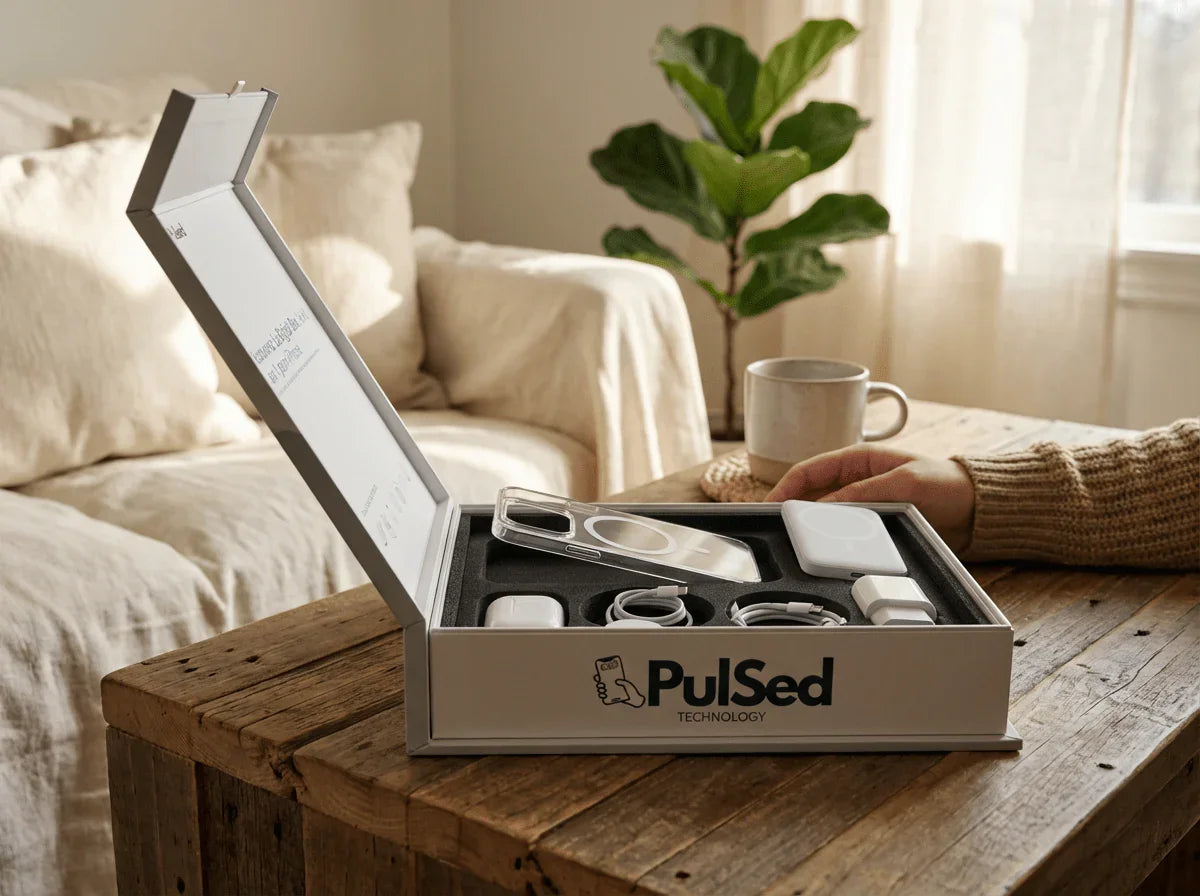 PulsedBox – box accessoires iPhone 6-en-1 avec chargeur, coque, écouteurs et câbles.