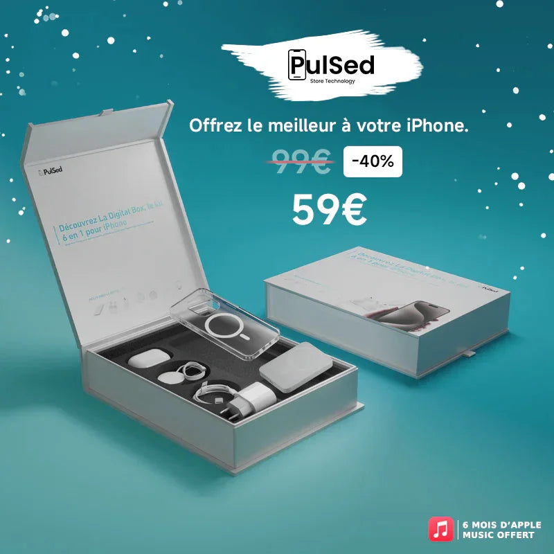 PulsedBox - Coffret 6-en-1 accessoires iPhone avec coque MagSafe, chargeur et écouteurs.