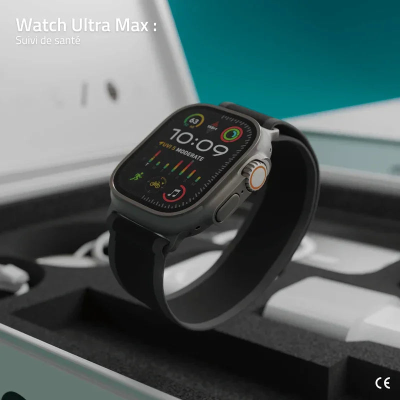 PulsedBox - montre connectée Watch Ultra Max posée dans la box d’accessoires iPhone 6-en-1