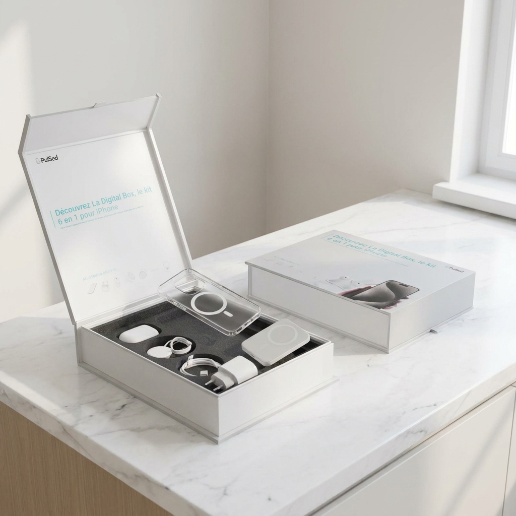 PulsedBox ouverte avec ses 6 accessoires — coffret cadeau PulSed