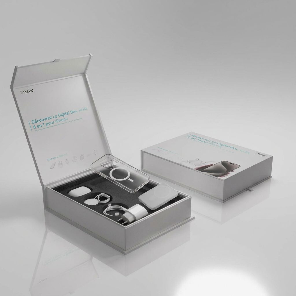 PulsedBox ouverte avec ses 6 accessoires — coffret cadeau PulSed