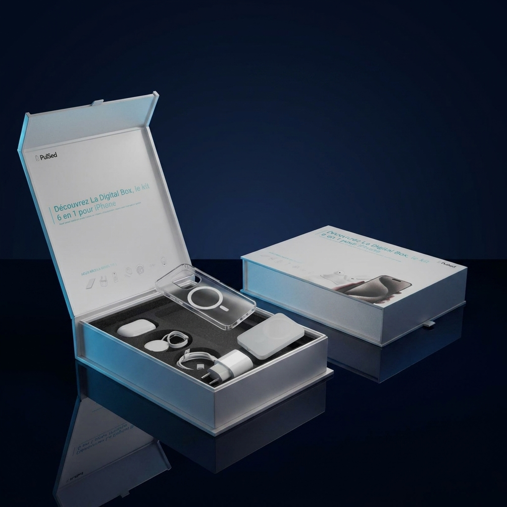 PulsedBox ouverte avec ses 6 accessoires — coffret cadeau PulSed