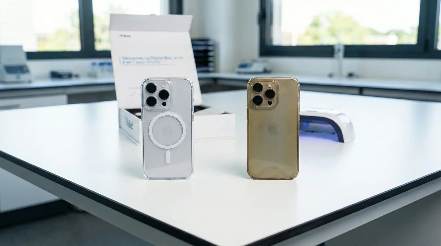 PulsedBox - Deux coques iPhone 6-en-1 transparentes, MagSafe et jaune, sur une table de bureau