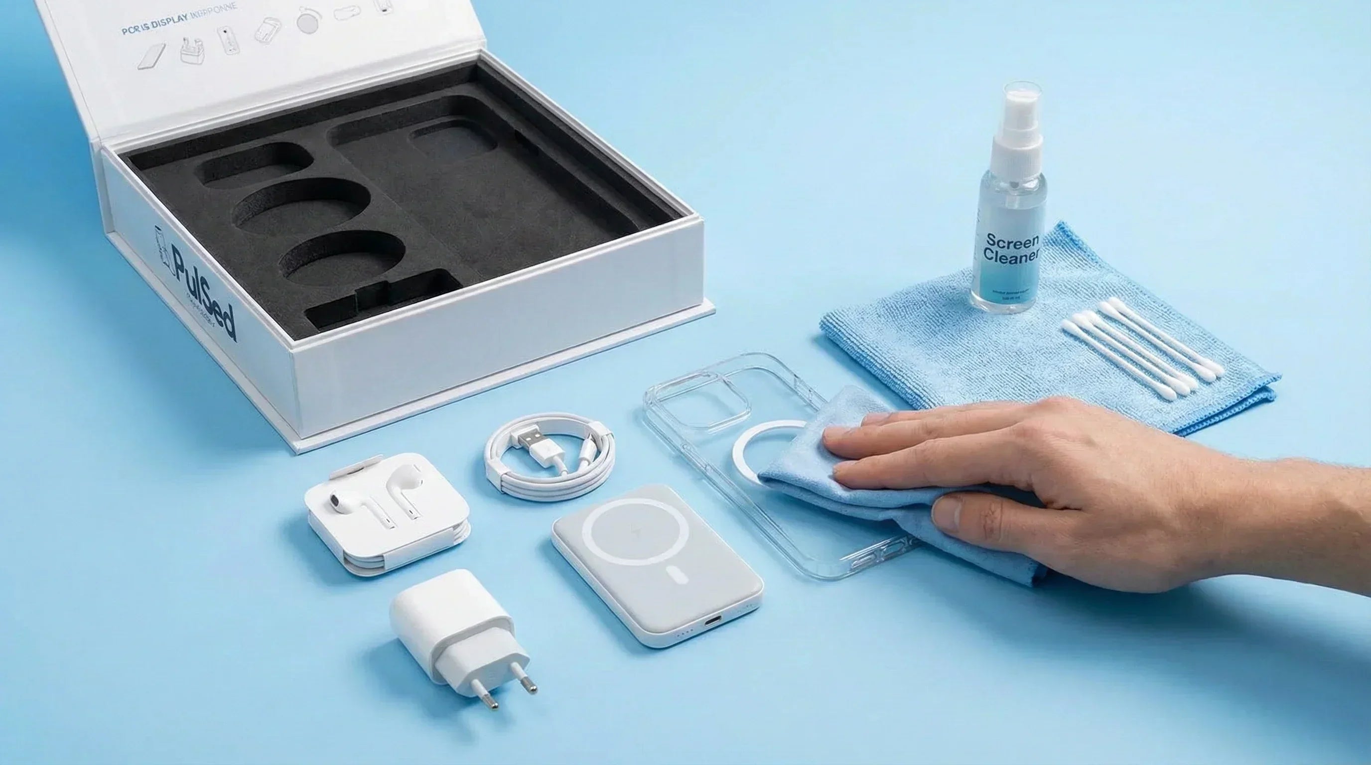 PulsedBox - Nettoyage des accessoires iPhone 6-en-1 avec chiffon et spray, boîte ouverte