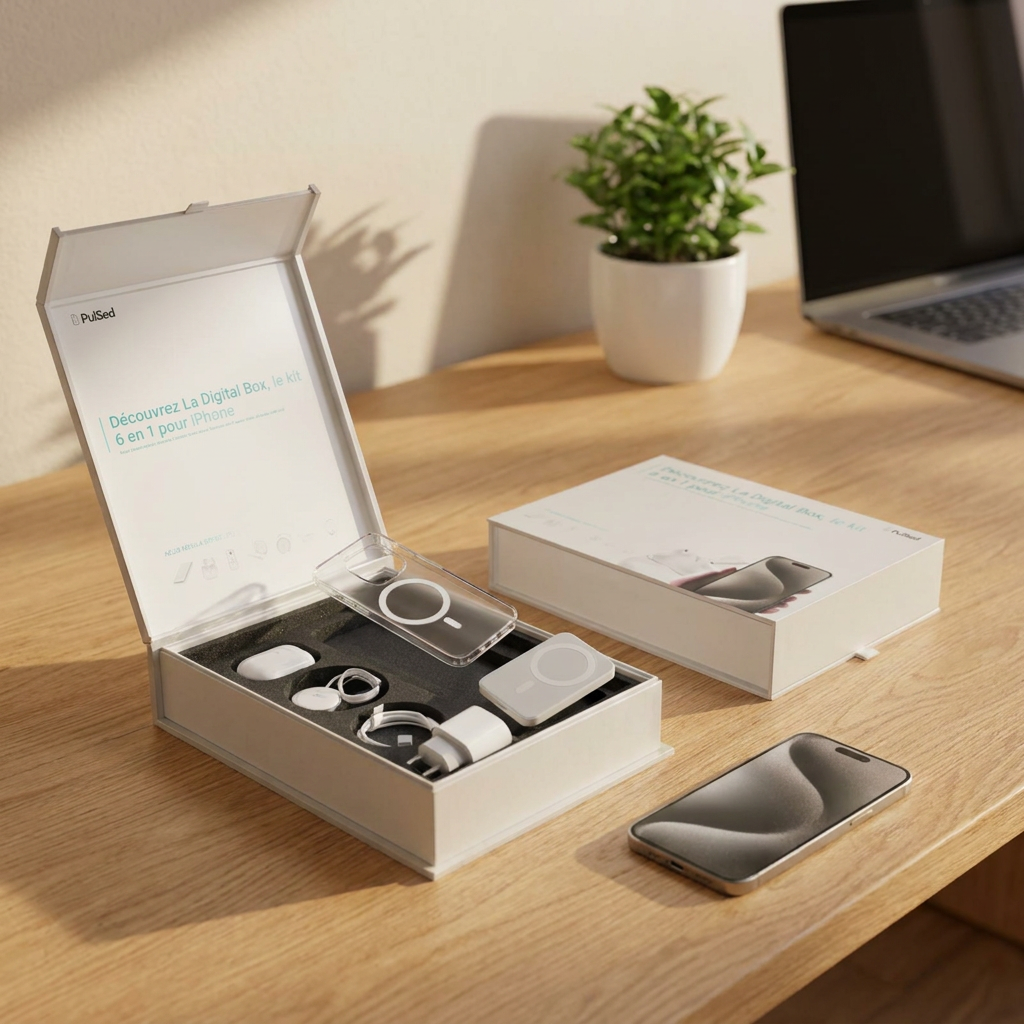 PulsedBox ouverte avec ses 6 accessoires — coffret cadeau PulSed