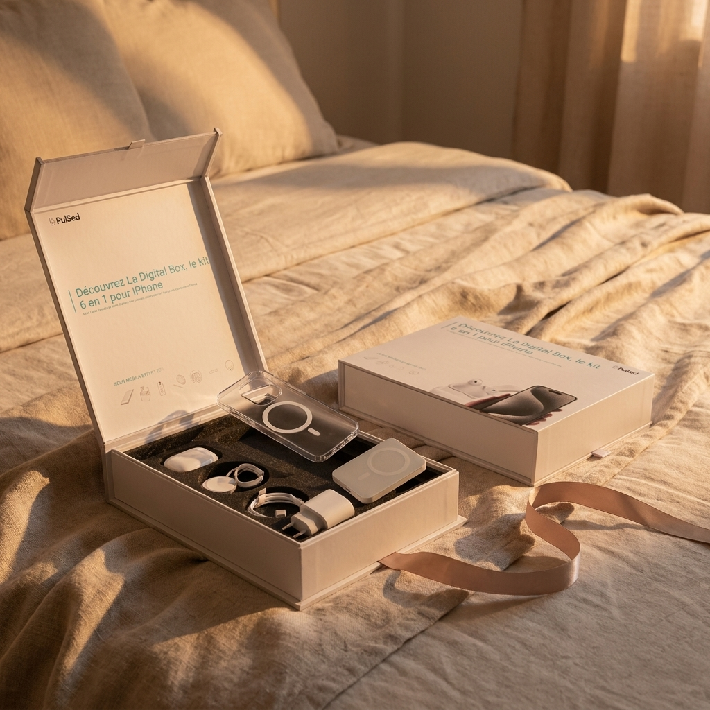 PulsedBox ouverte avec ses 6 accessoires — coffret cadeau PulSed
