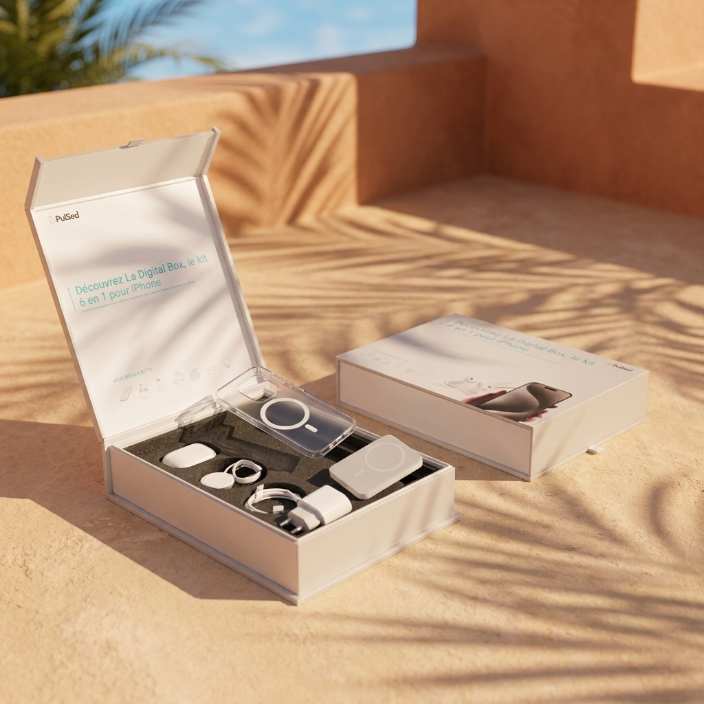 PulsedBox ouverte avec ses 6 accessoires — coffret cadeau PulSed
